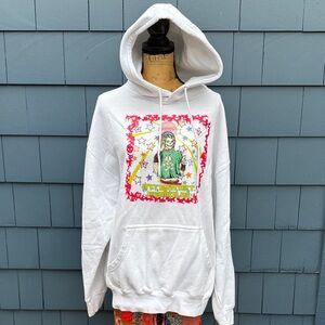 White Graphic Hoodie with Colorful Design barely human XL white sweatshirt